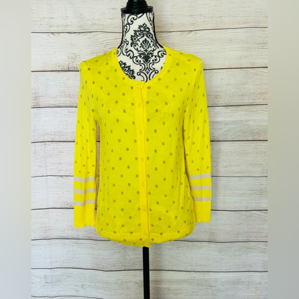 LOFT Women’s Yellow Polka Dot Long Sleeve Crew Neck Cotton Cardigan Sweater Sz M